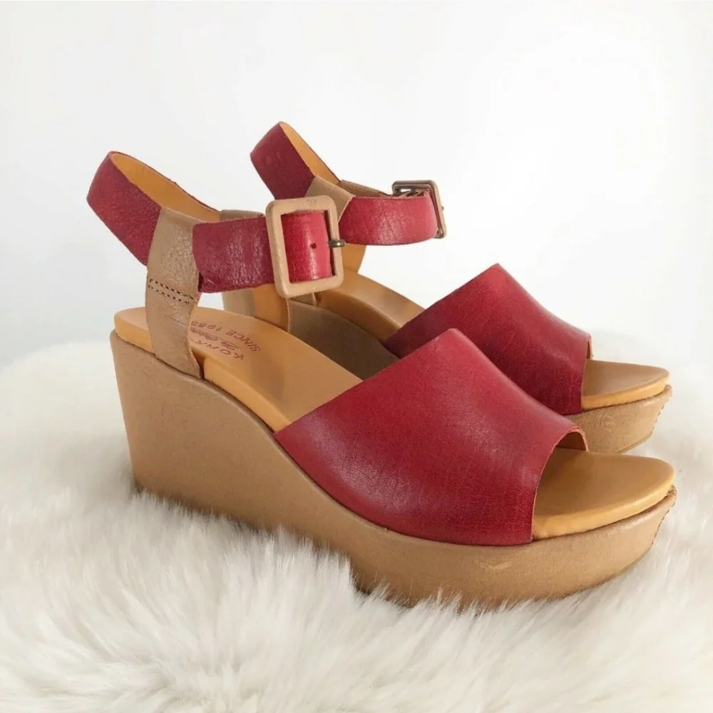 Kork-Ease Keirn Platform Wedge Sandal in Tan and Red Size 10 Boho Leather